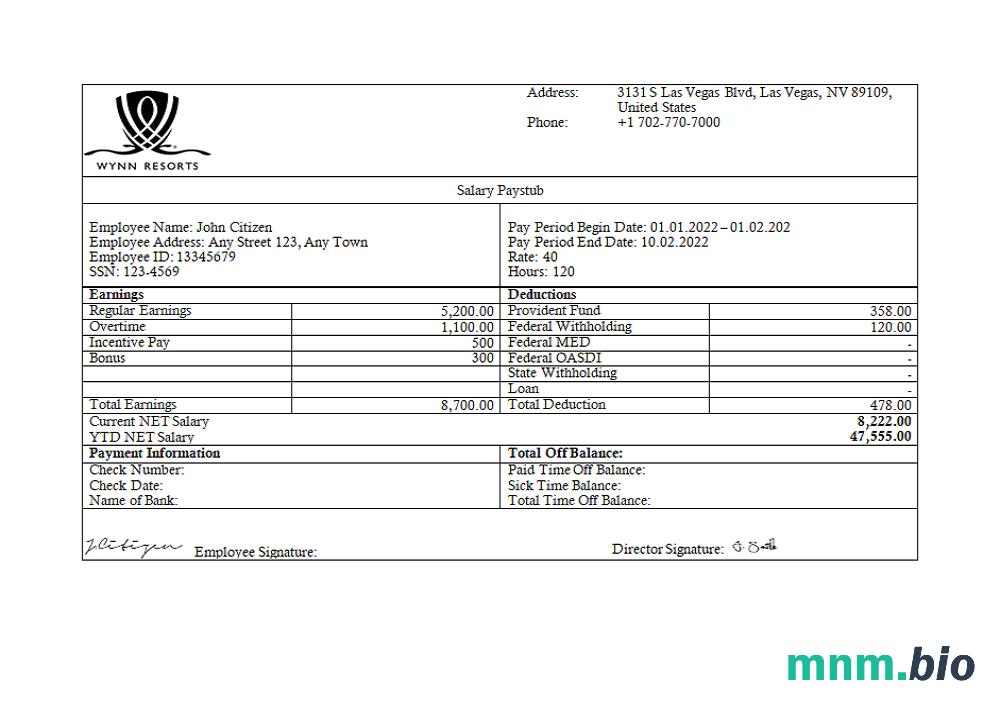 USA Wynn Resorts hospitality company pay stub